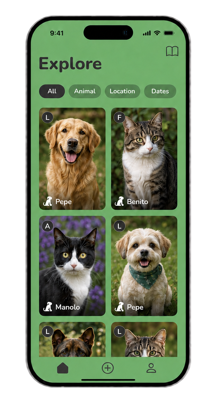 App LostAnimals presentada en un iPhone 17 Pro